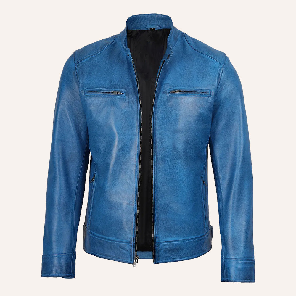 Men’s Vintage Blue Real Leather Cafe Racer Biker Jacket