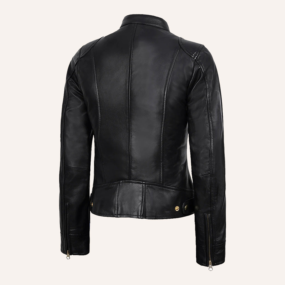 Women’s Classic Black Real Leather Cafe Racer Biker Jacket with Gold Hardware