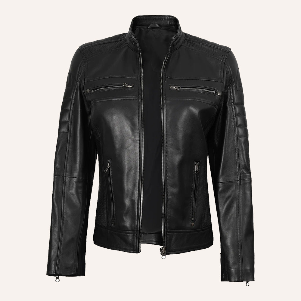Women’s Classic Black Real Leather Racer Biker Jacket with Perforated Paneling