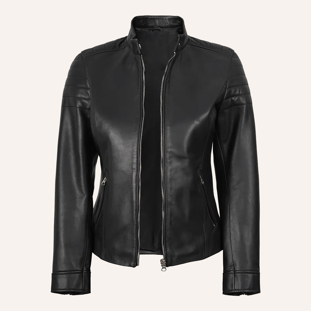 Women’s Classic Black Real Leather Cafe Racer Biker Jacket