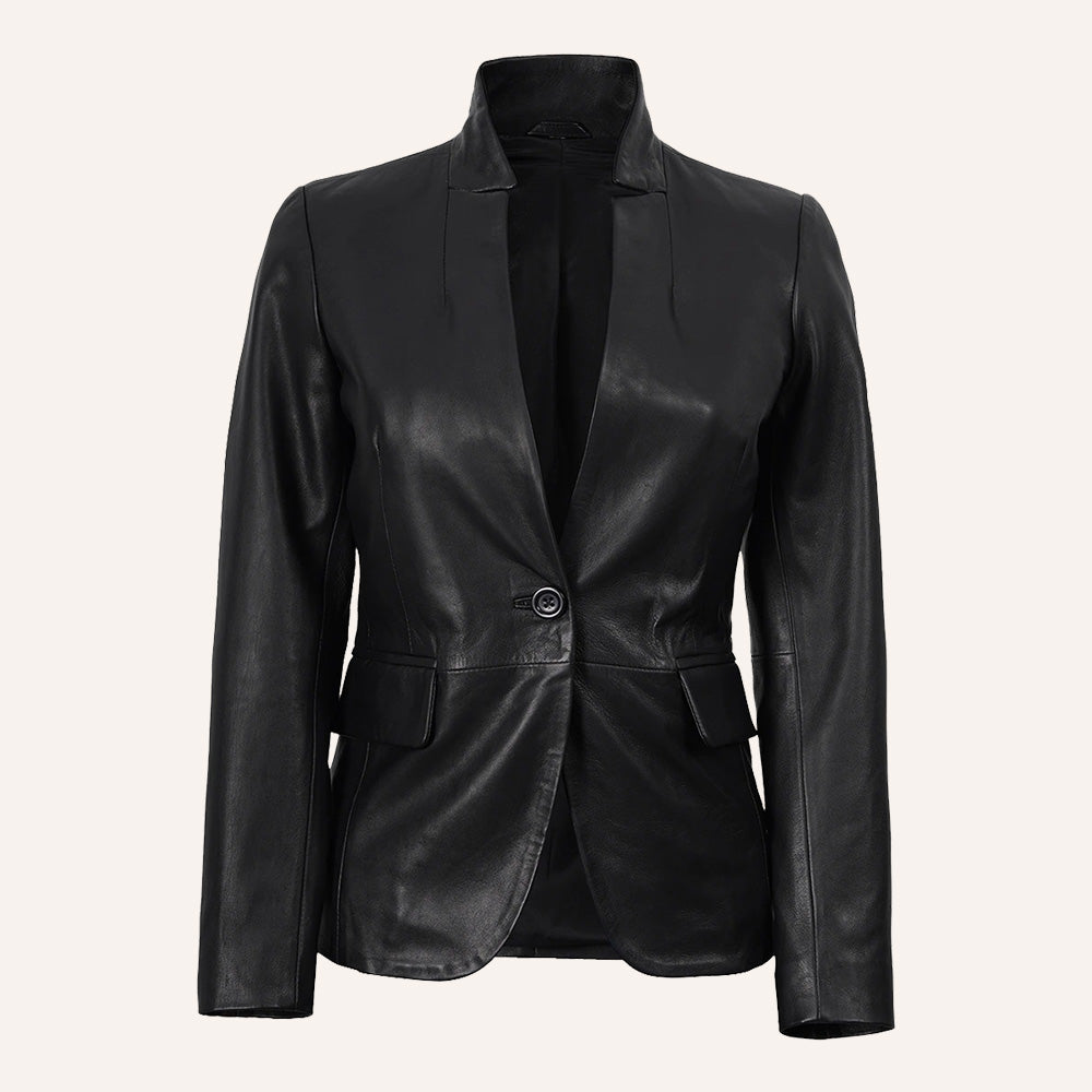 Women’s Classic Tailored Black Real Leather Belted Blazer Jacket