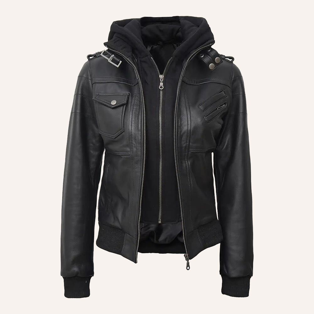 Women’s Classic Black Real Leather 2-in-1 Hooded Bomber Jacket with Removable Hood