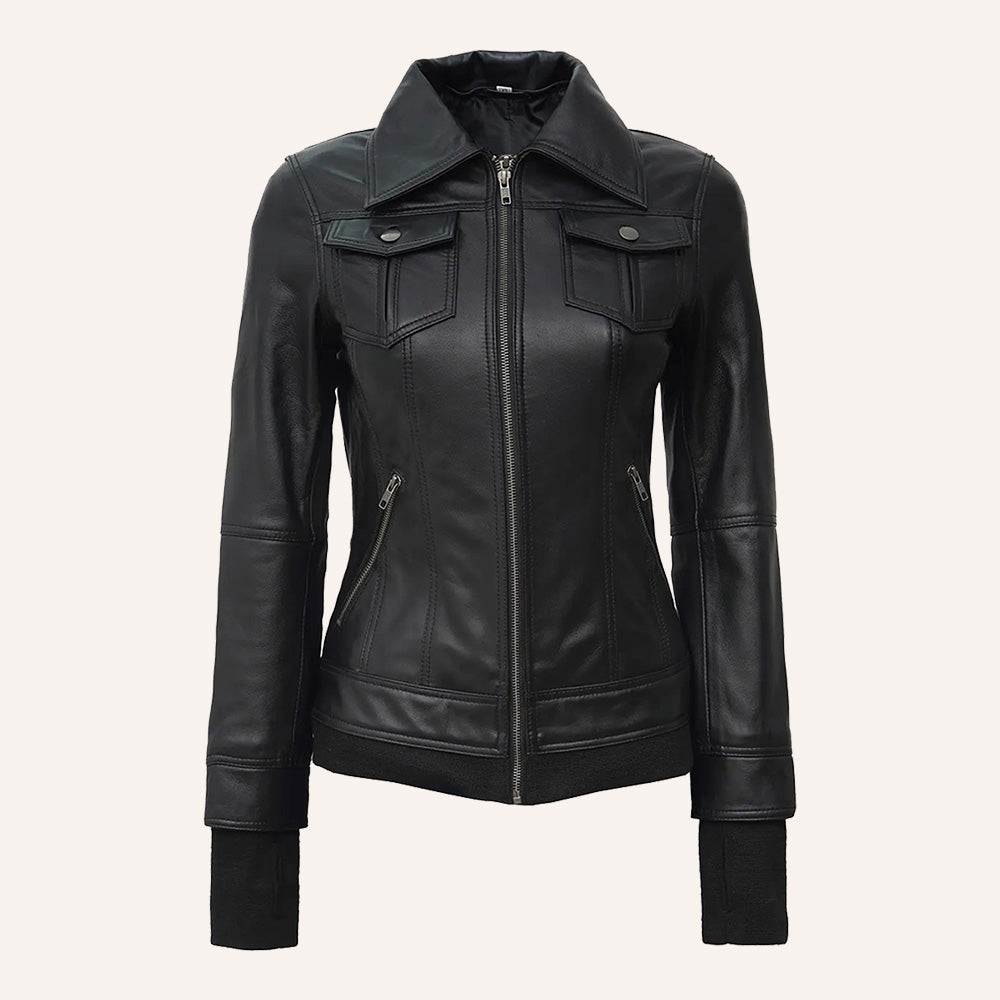 Women’s Classic Black Real Leather 2-in-1 Hooded Jacket with Removable Hood