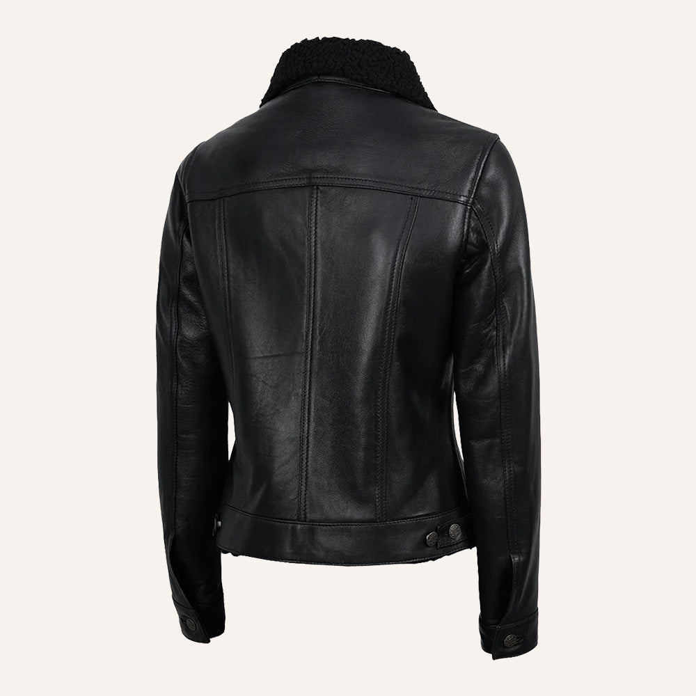 Women’s Classic Black Real Leather Trucker Jacket with Black Sherpa Collar