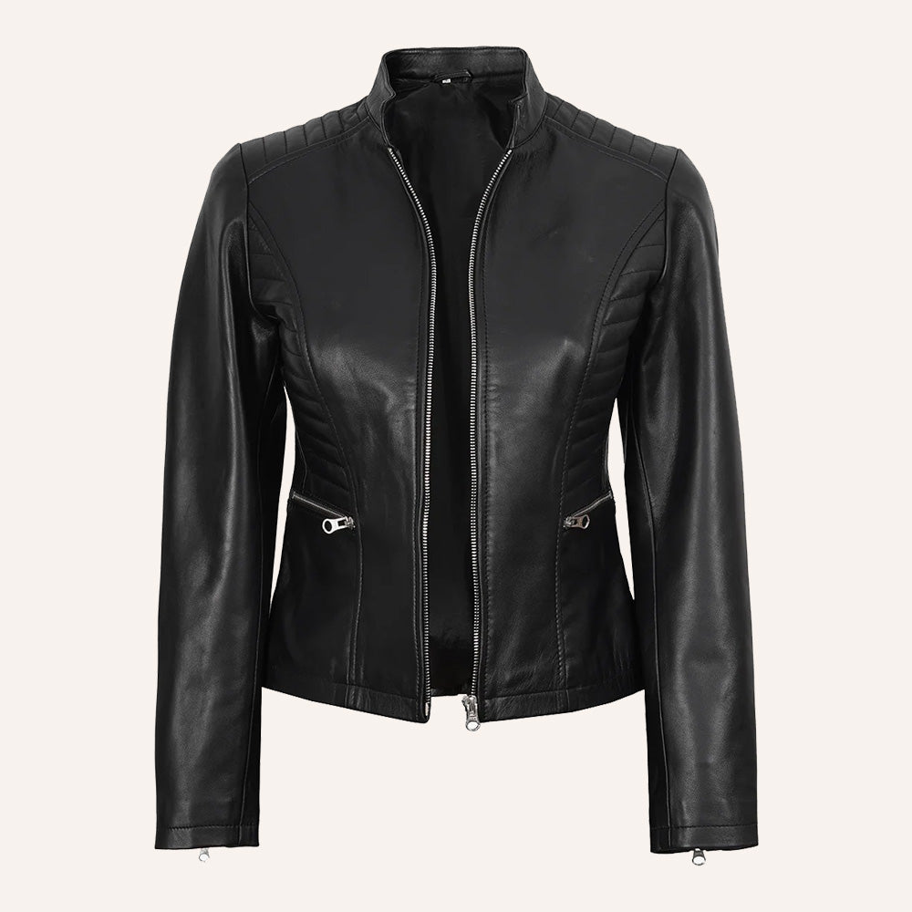 Women’s Classic Black Quilted Real Leather Racer Biker Jacket