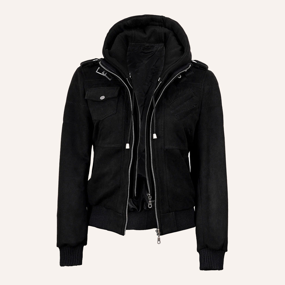 Women’s Black Suede 2-in-1 Hooded Bomber Jacket with Removable Hood