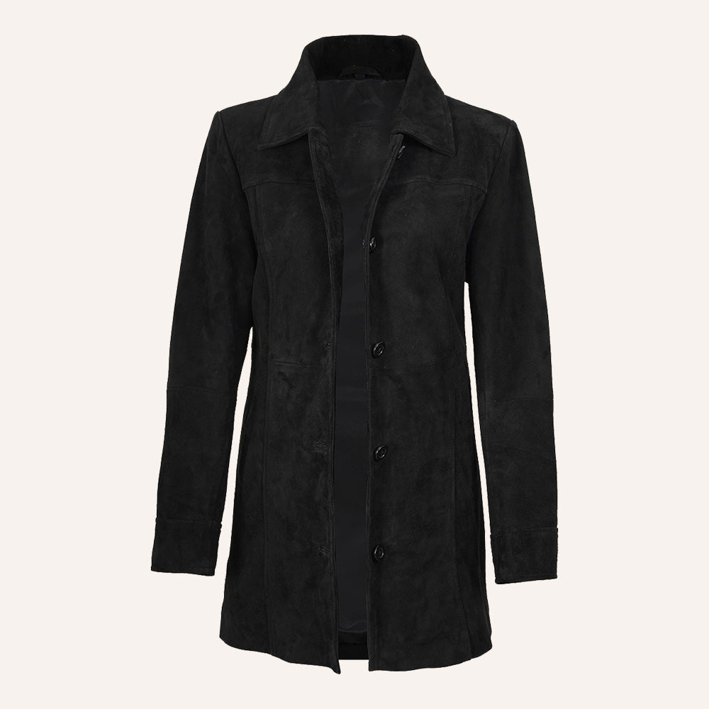 Women’s Vintage Black Suede Mid-Length Leather Coat