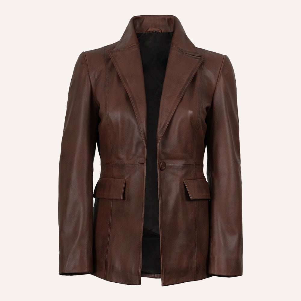 Women’s Classic Tailored Chocolate Brown Real Leather Blazer Jacket