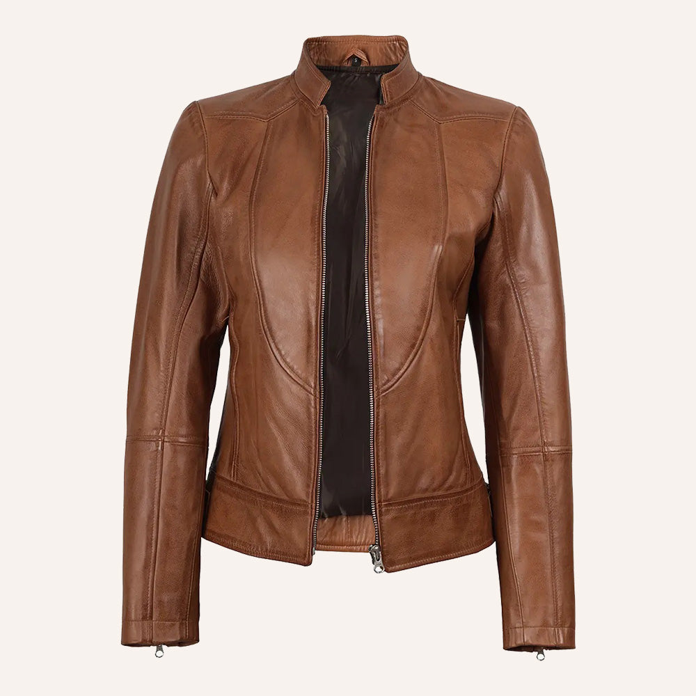 Women’s Classic Cognac Brown Real Leather Racer Biker Jacket