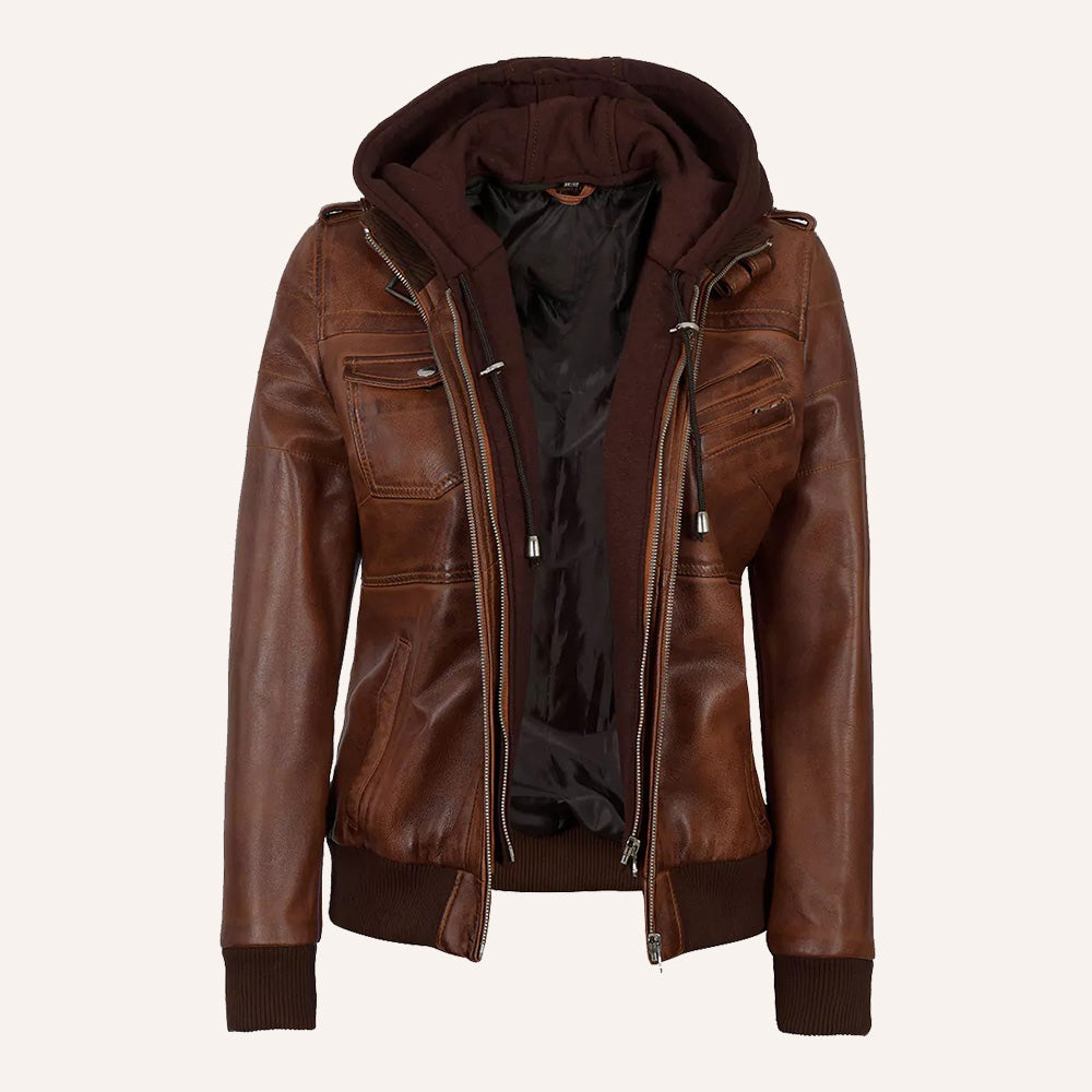 Women’s Classic Cognac Brown Real Leather 2-in-1 Hooded Bomber Jacket with Removable Hood