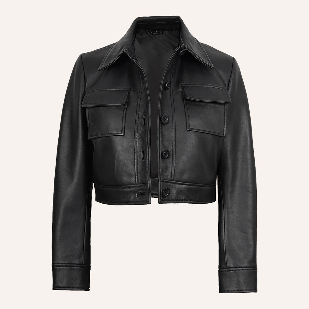 Women’s Classic Black Cropped Real Leather Trucker Jacket