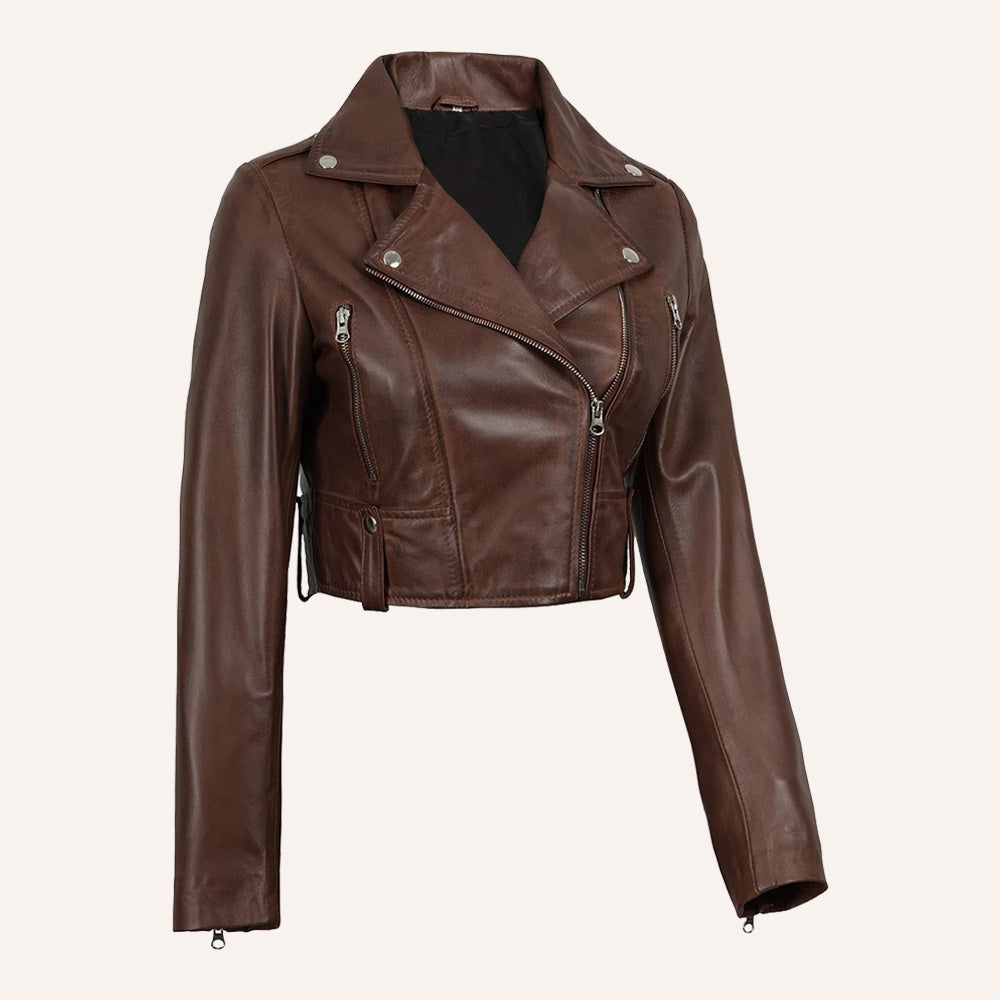 Women’s Classic Dark Brown Cropped Real Leather Biker Jacket
