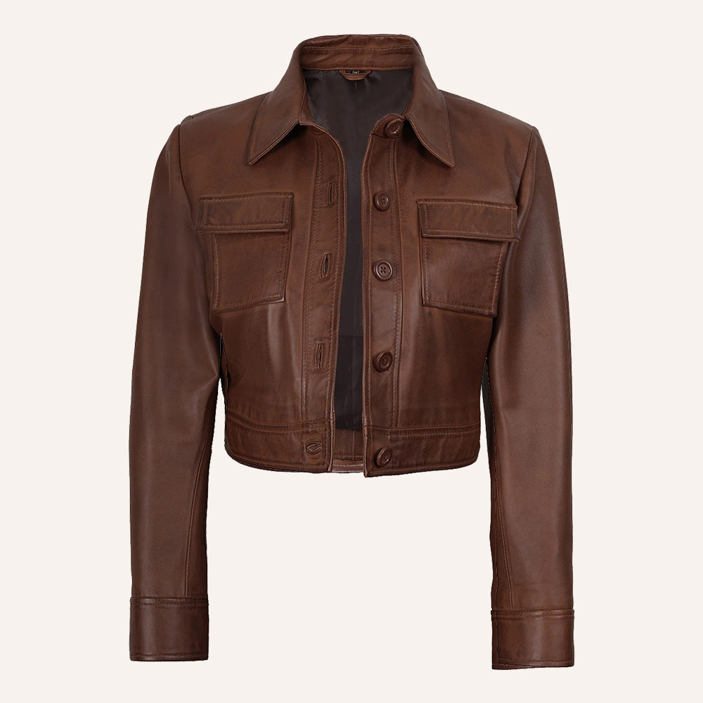 Women’s Classic Cognac Brown Cropped Real Leather Trucker Jacket