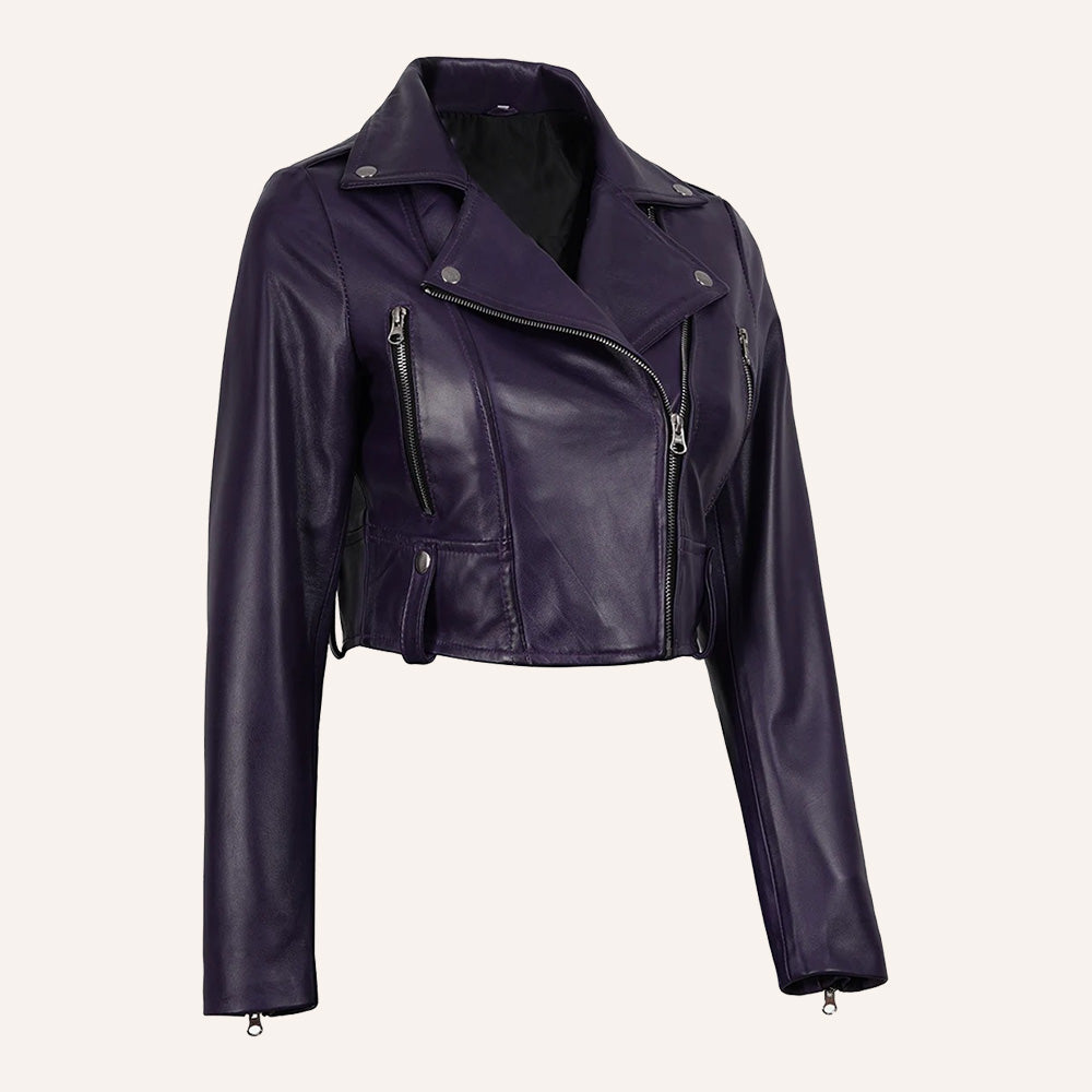 Women’s Classic Deep Purple Cropped Real Leather Biker Jacket