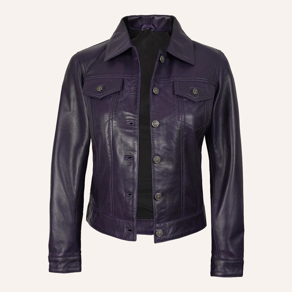 Women’s Classic Deep Purple Real Leather Trucker Jacket