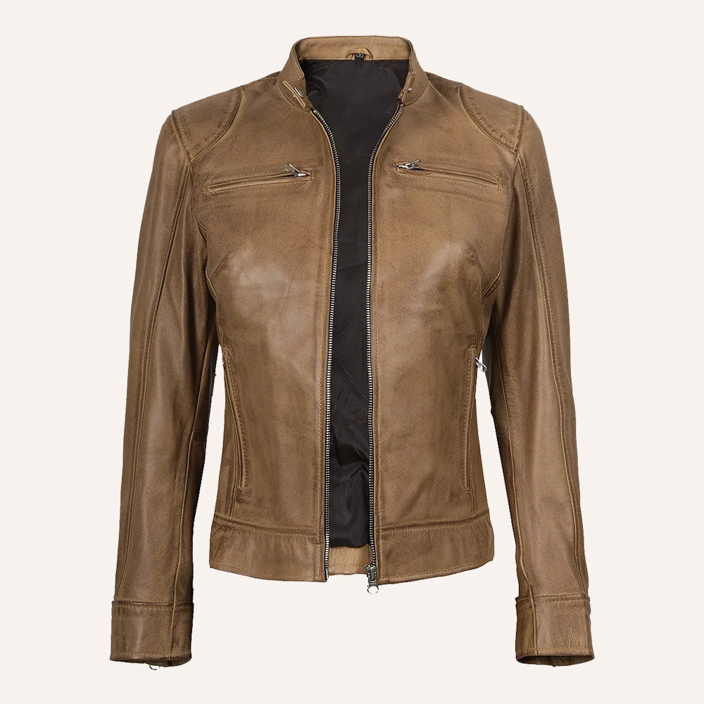 Women’s Classic Distressed Beige Real Leather Cafe Racer Biker Jacket
