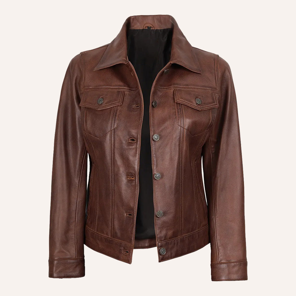 Women’s Classic Vintage Distressed Brown Real Leather Trucker Jacket