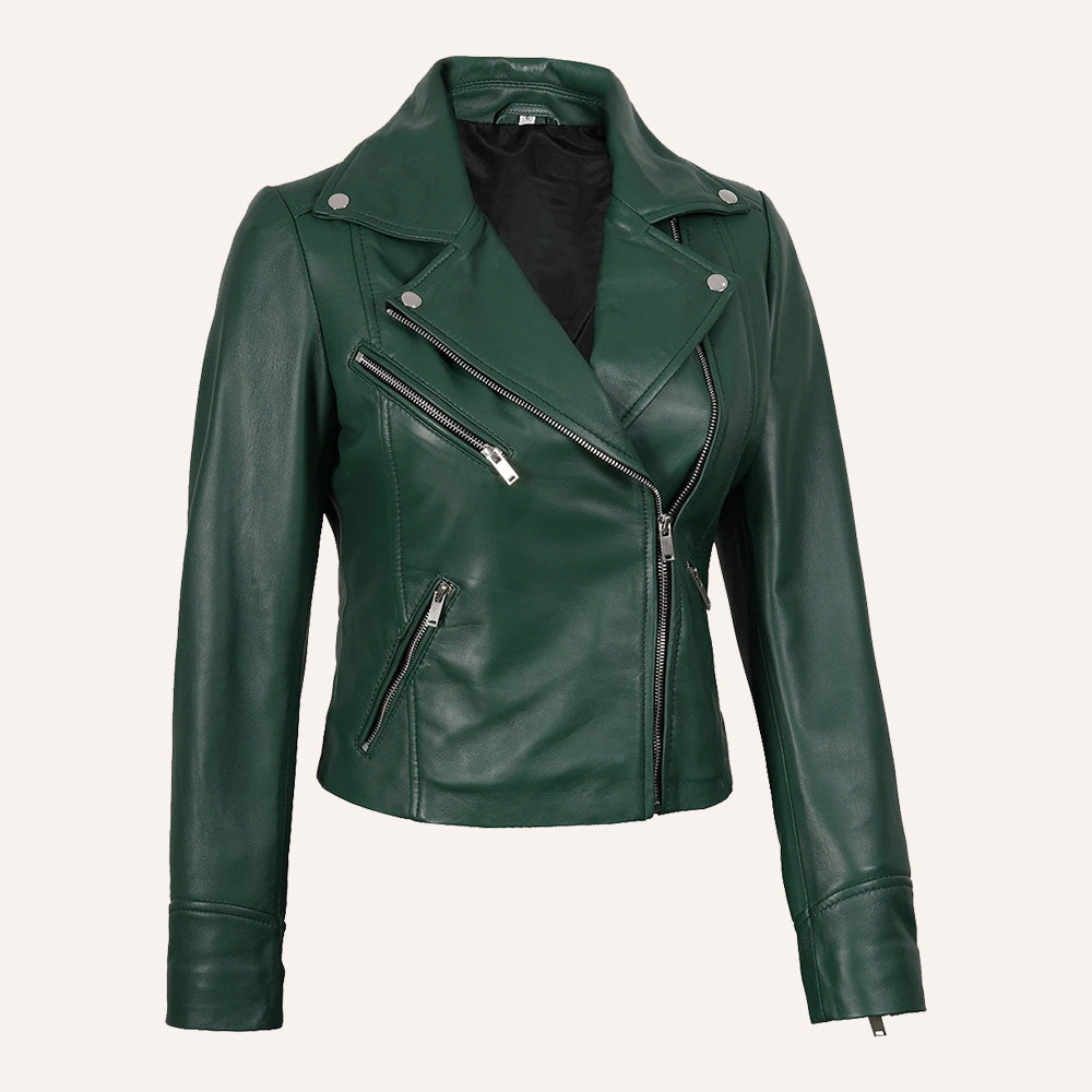 Women’s Classic Emerald Green Real Leather Biker Jacket