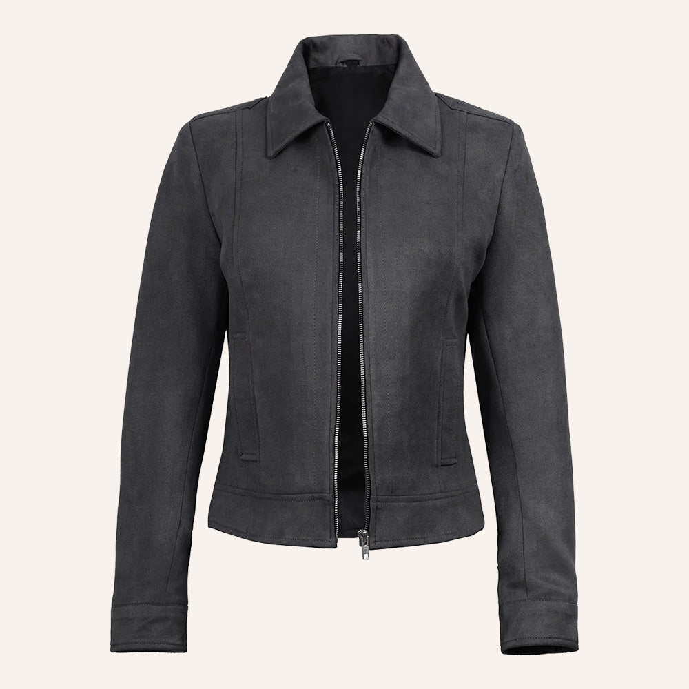Women’s Classic Grey Suede Leather Zip Jacket