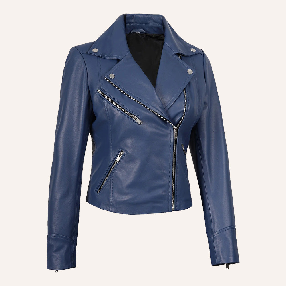 Women’s Classic Navy Blue Real Leather Biker Jacket
