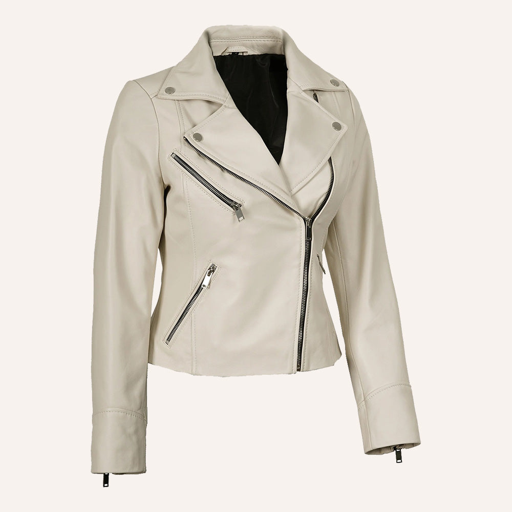 Women’s Classic Off-White Real Leather Biker Jacket