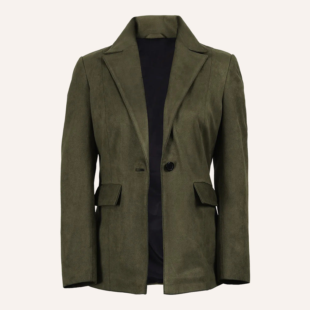 Women’s Classic Olive Green Real Suede Single Button Blazer Jacket