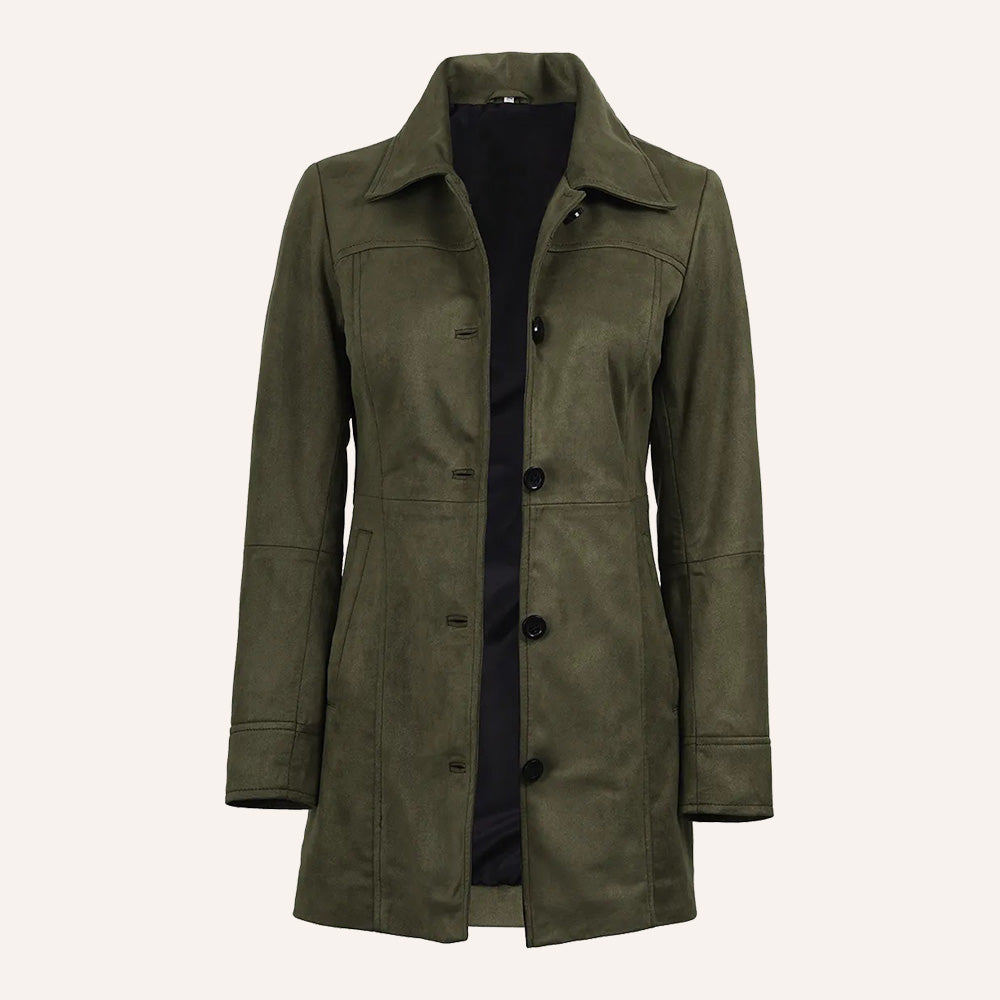 Women’s Classic Olive Green Suede Leather Mid-Length Trench Coat
