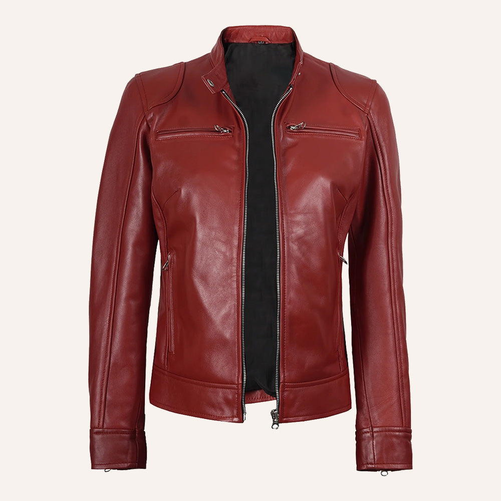 Women’s Classic Red Real Leather Cafe Racer Biker Jacket