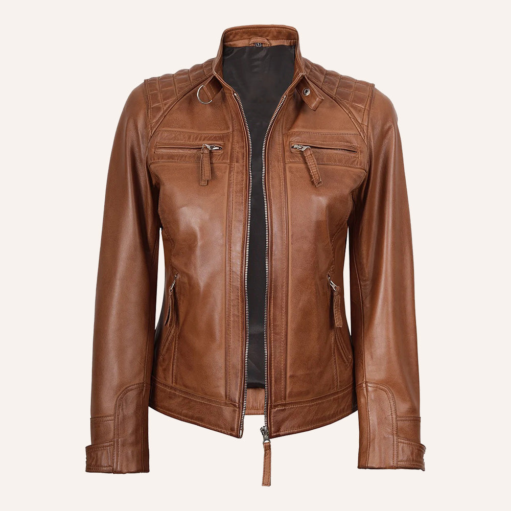 Women’s Classic Tan Brown Quilted Real Leather Cafe Racer Biker Jacket