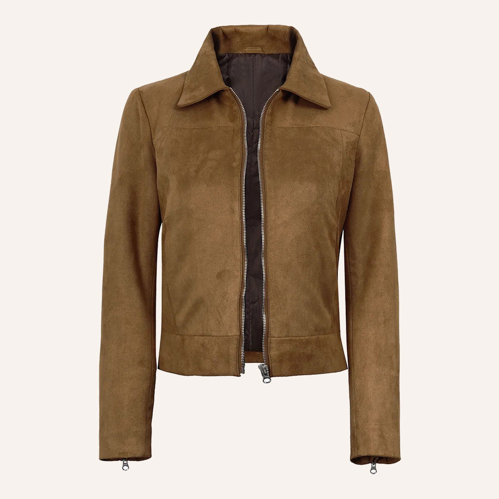 Women’s Classic Tan Brown Suede Zip Jacket with Zipper Cuffs
