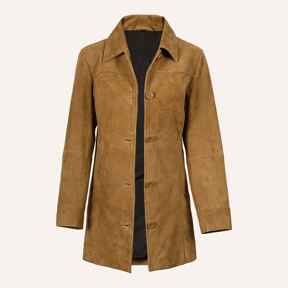 Women’s Vintage Tan Brown Suede Mid-Length Leather Coat