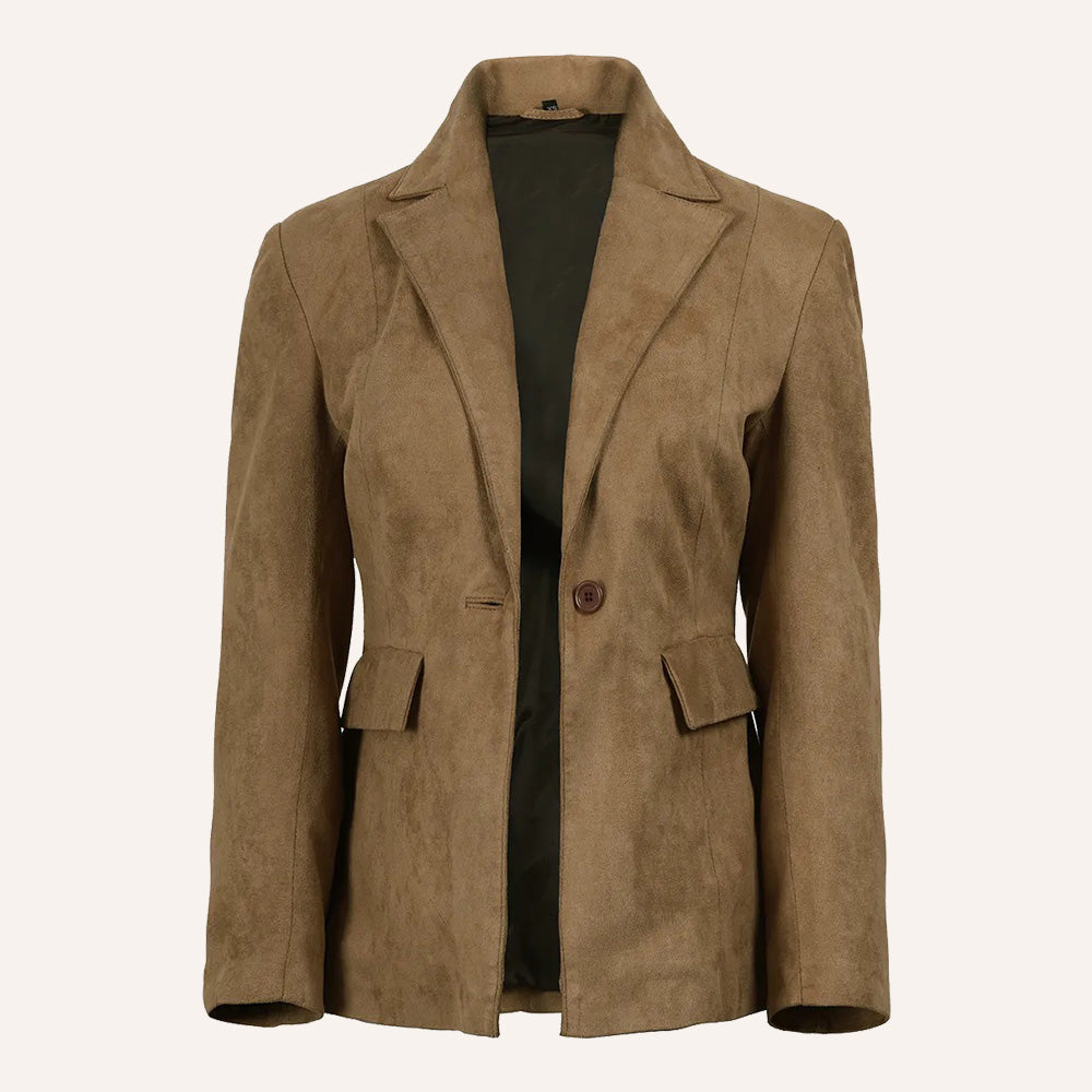 Women’s Classic Tan Real Suede Single Button Blazer Jacket