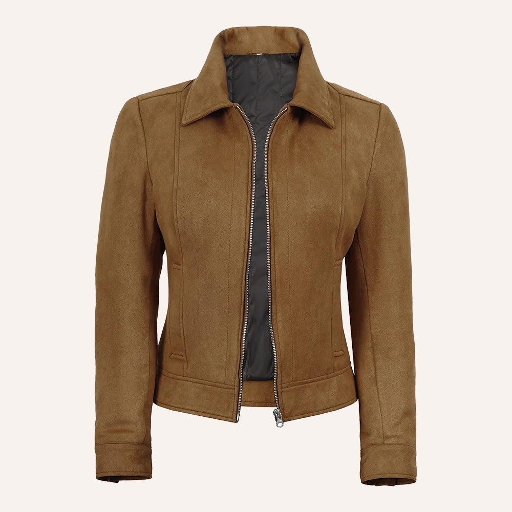 Women’s Classic Tan Real Suede Zip-Up Jacket with Snap Waist Tabs