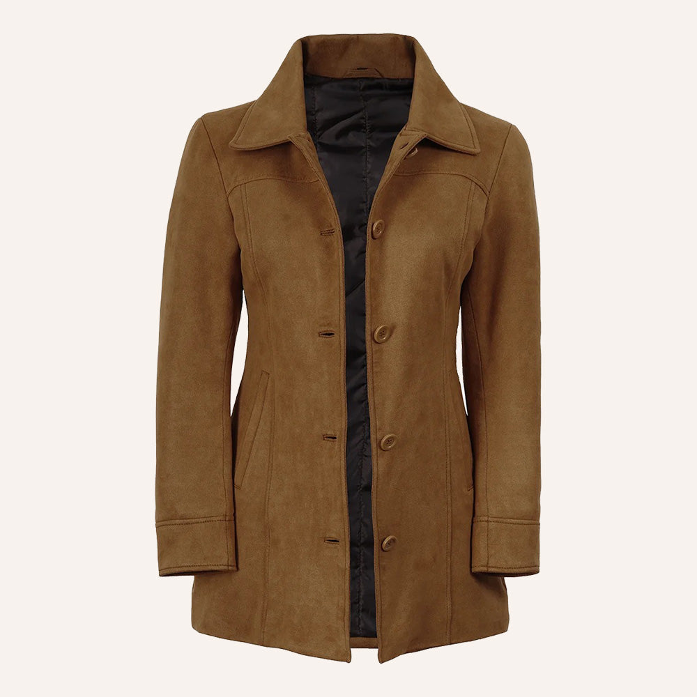 Women’s Classic Tobacco Brown Suede Leather Mid-Length Trench Coat