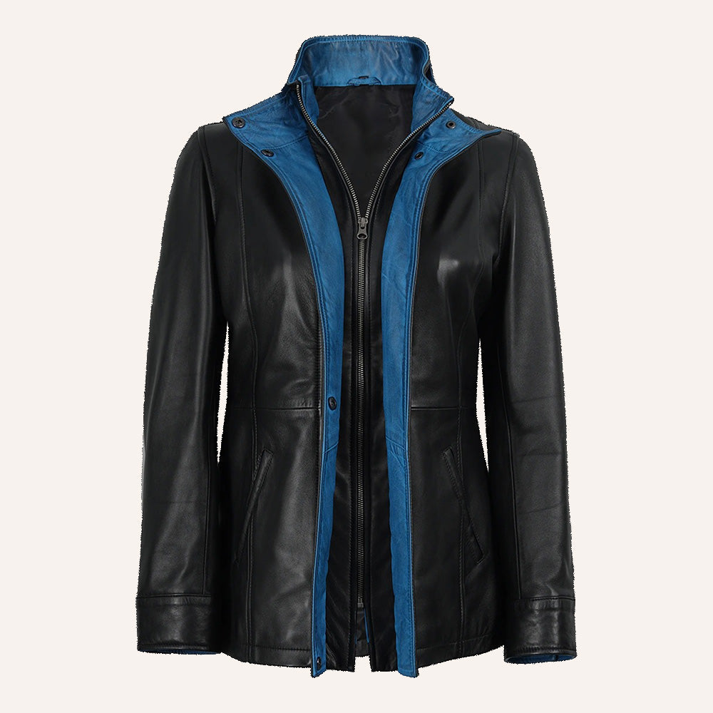 Women’s Classic Two-Tone Black and Royal Blue Real Leather Mid-Length Coat