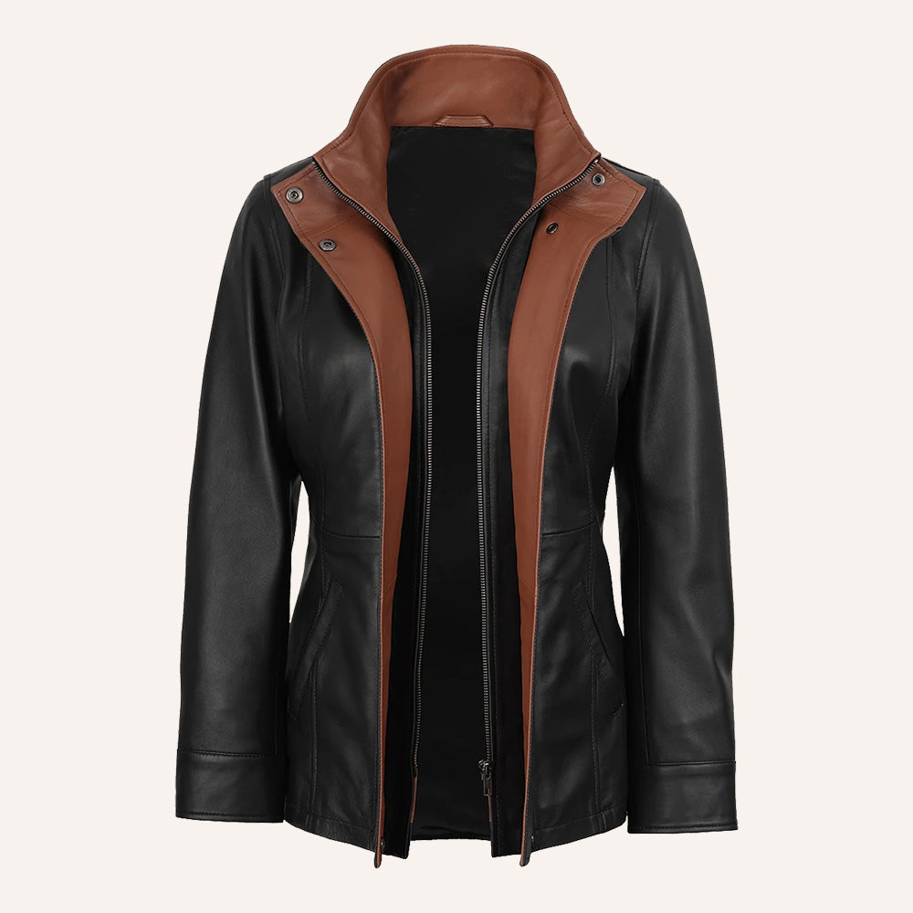Women’s Classic Two-Tone Black and Tan Brown Real Leather Mid-Length Coat