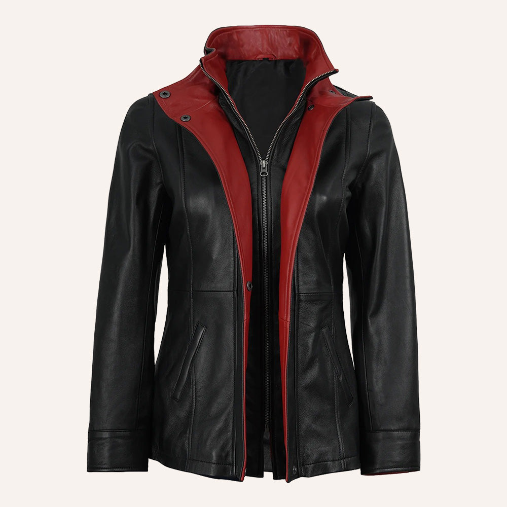 Women’s Classic Two-Tone Black and Crimson Red Real Leather Mid-Length Coat