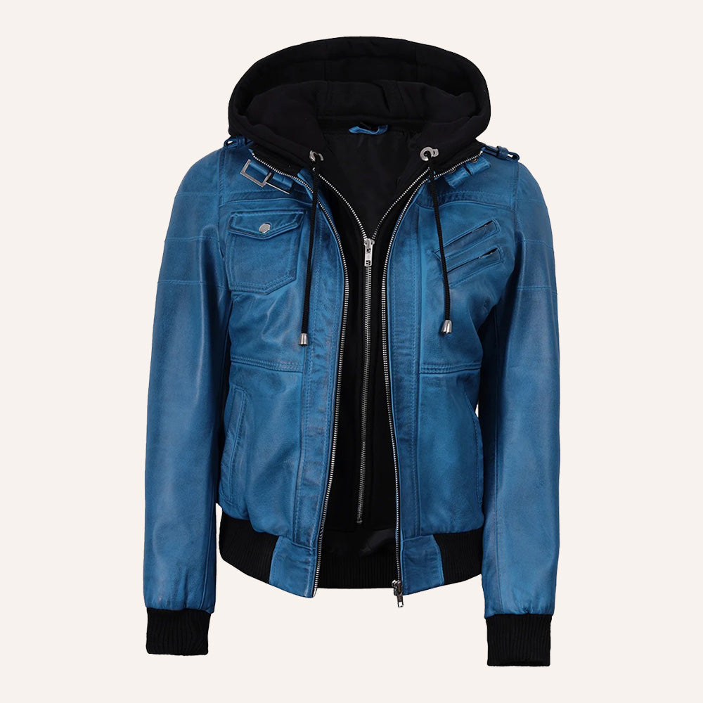 Women’s Classic Vibrant Blue Real Leather 2-in-1 Hooded Bomber Jacket with Removable Hood