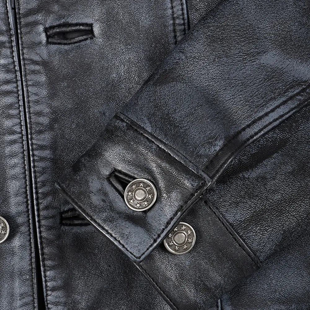 Men's leather trucker jacket back view