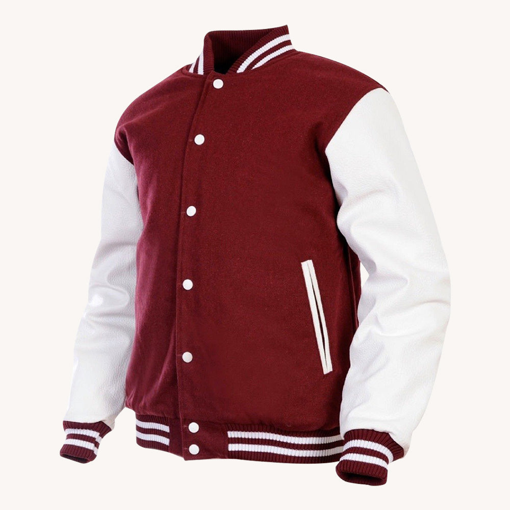 Men's Maroon Varsity Jacket with White Leather Sleeves and Snap Closure