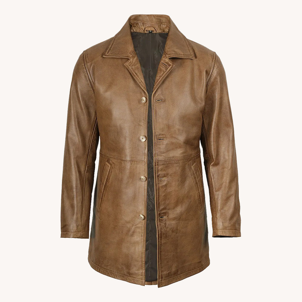 Men's Brown Distressed Leather Coat with Notched Collar and Button Closure