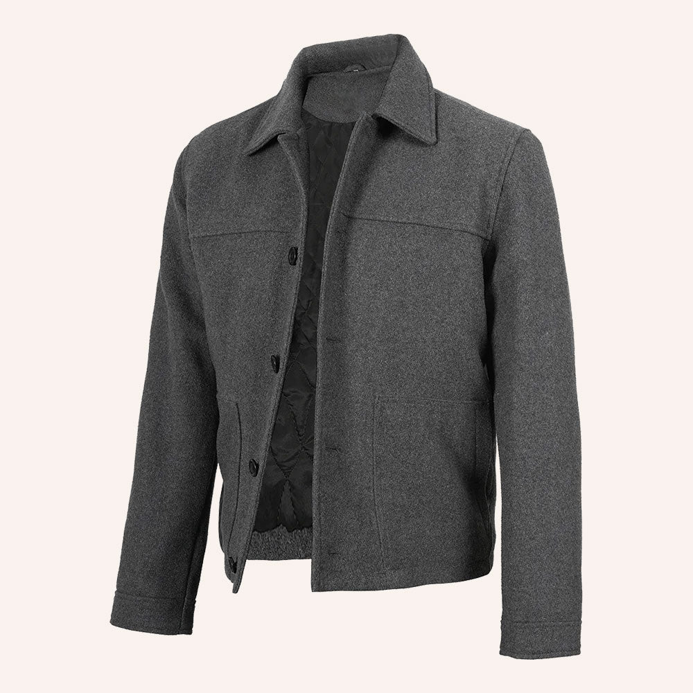 Men’s Classic Grey Wool Shirt Jacket with Quilted Lining