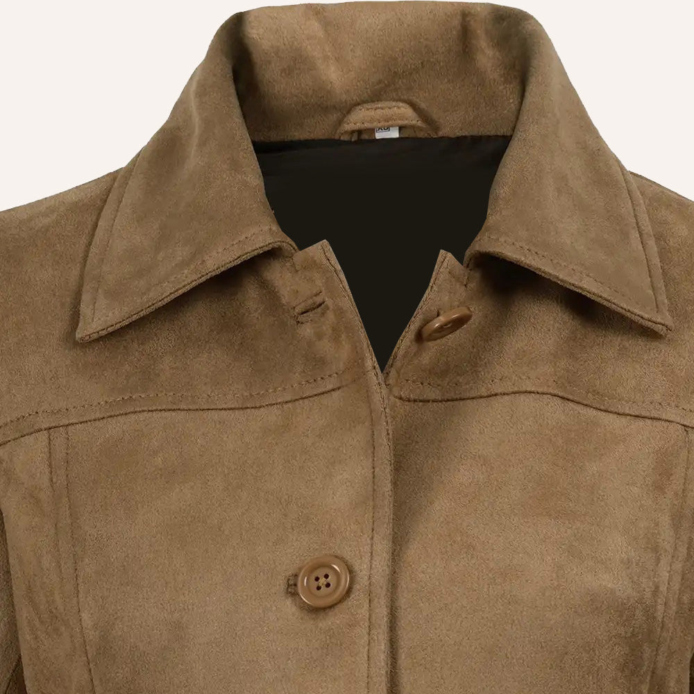 Women’s Classic Tan Suede Leather Mid-Length Trench Coat