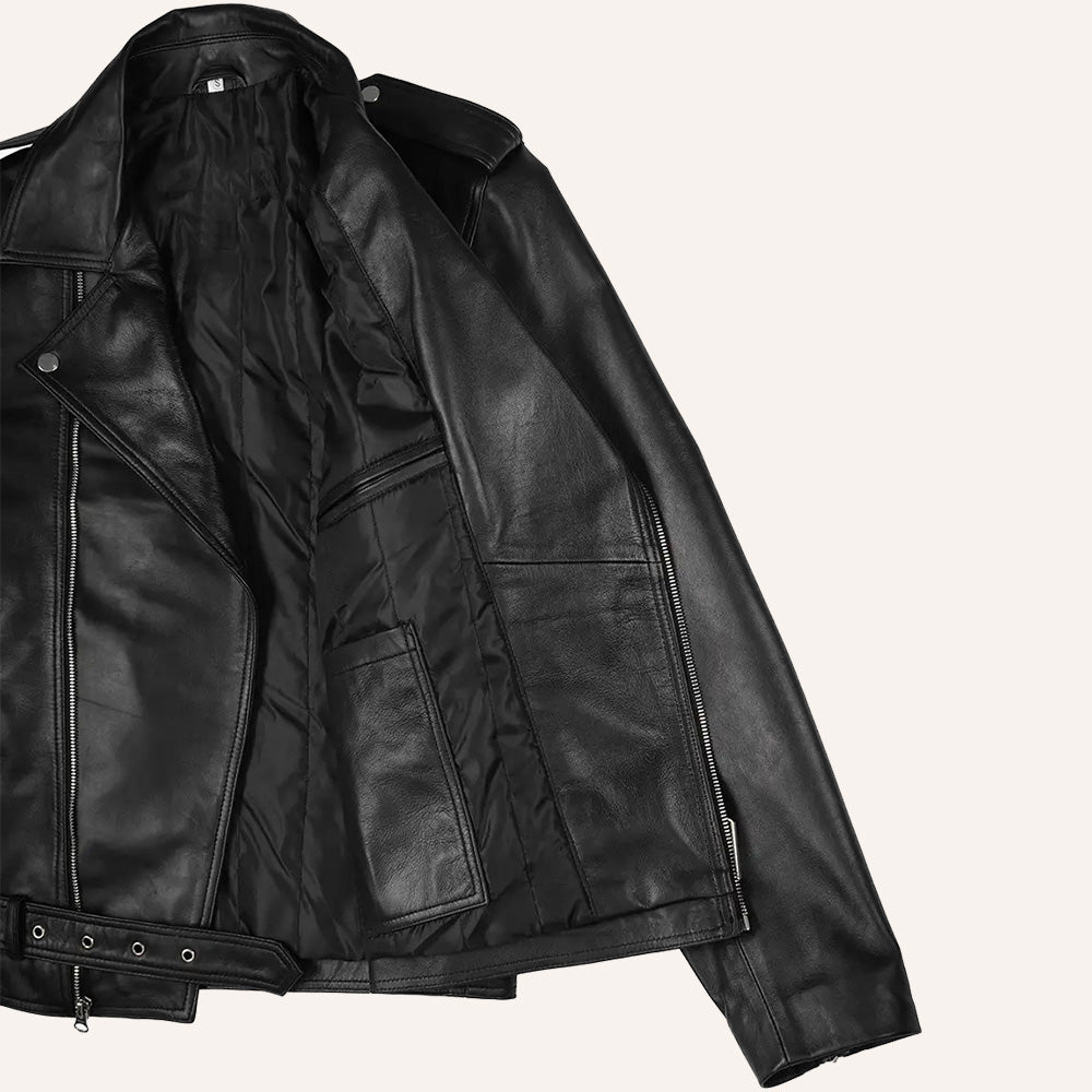Men's Black Leather Biker Jacket with Belted Waist