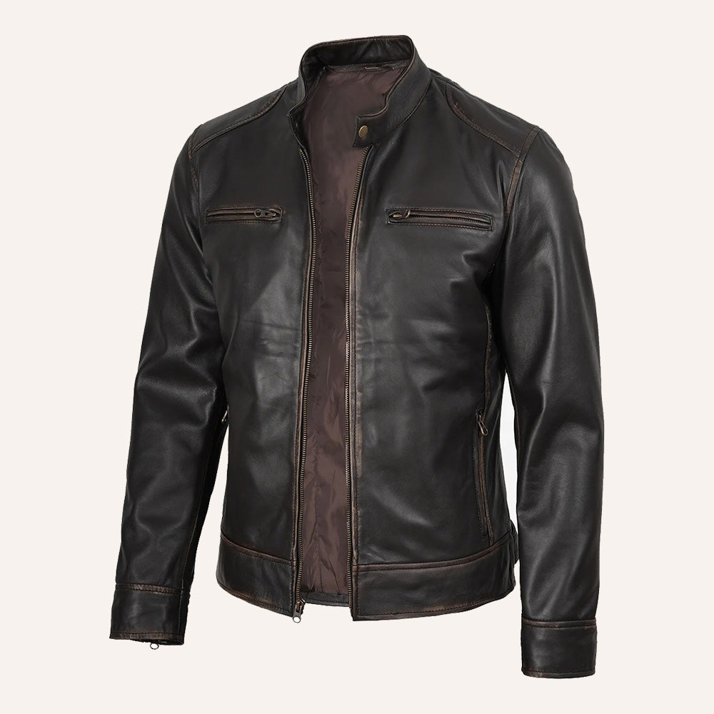 Men's Black Leather Cafe Racer Jacket with Distressed Finish
