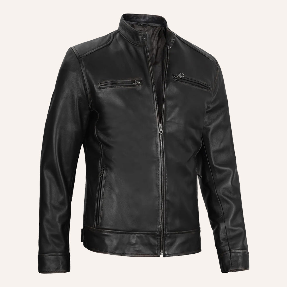 Men's Distressed Black Leather Cafe Racer Jacket