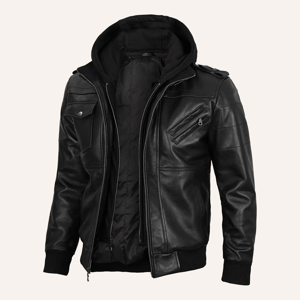 Men's Black Leather Jacket with Detachable Hood