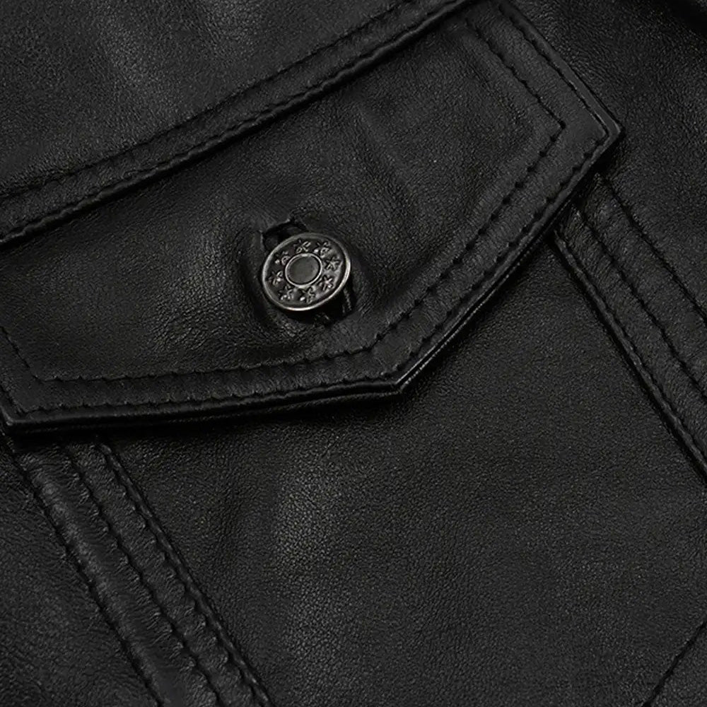 Men's Black Leather Trucker Jacket – Classic Button Front Jacket