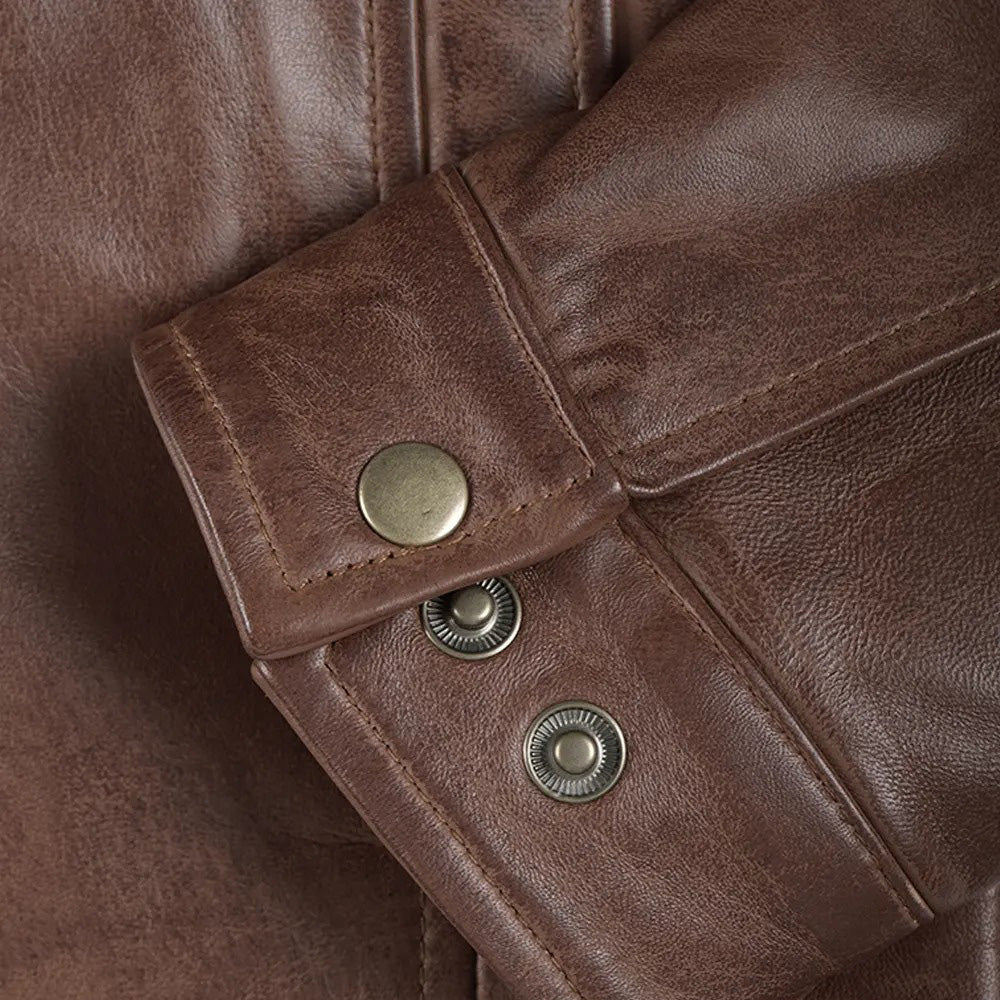 Men's Brown Leather Jacket with Snap Cuffs