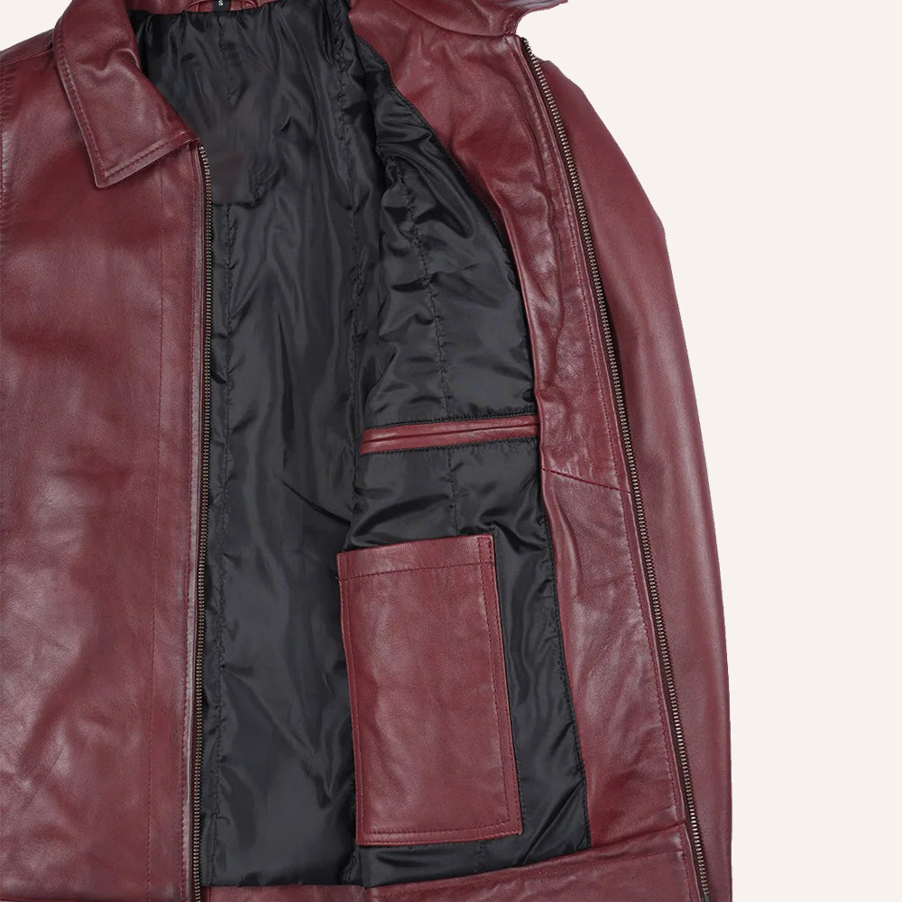 Men's Burgundy Leather Jacket with Front Zip Closure